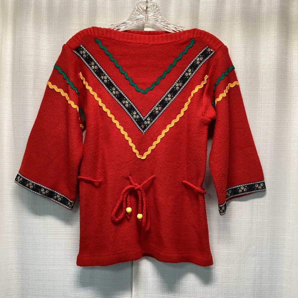 Vintage Collage Red Knit Tunic Sweater Rick Rack Floral Trim Belted Medium Boho